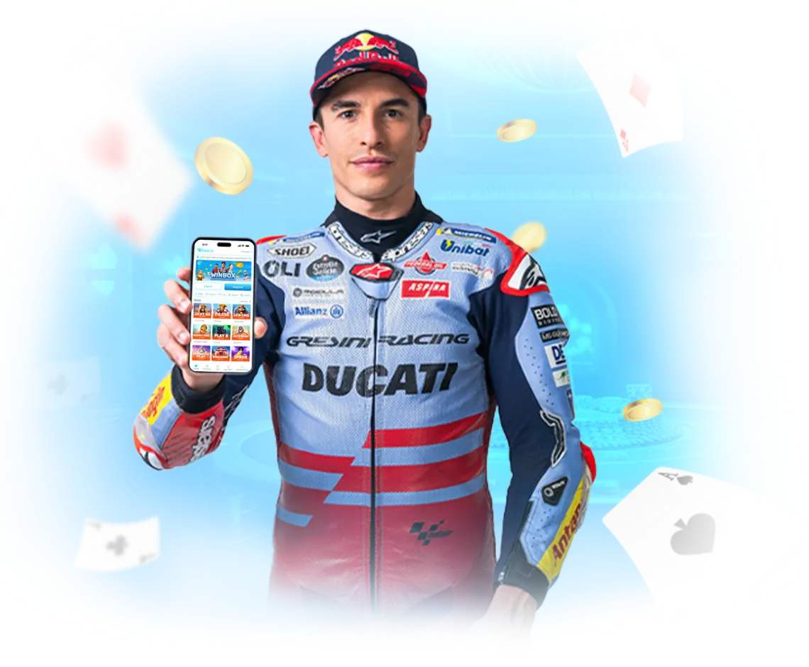 Marc Marquez Winbox Brand Ambassador holding the Winbox mobile platform