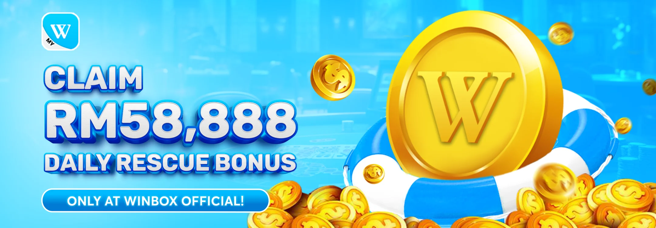 Winbox daily rescue bonus promotion offering up to RM58,888 cashback rewards for eligible members