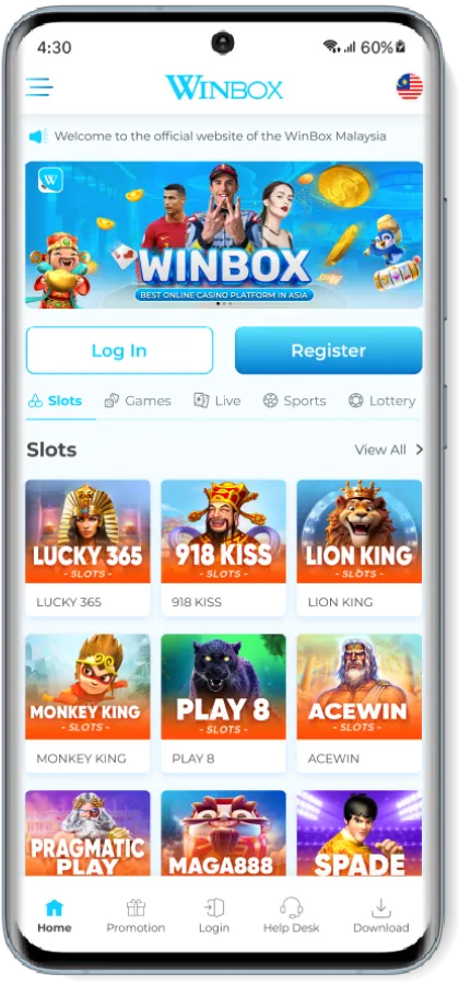 Winbox mobile app homepage featuring online slots, live casino, sports betting, lottery games, and secure member login