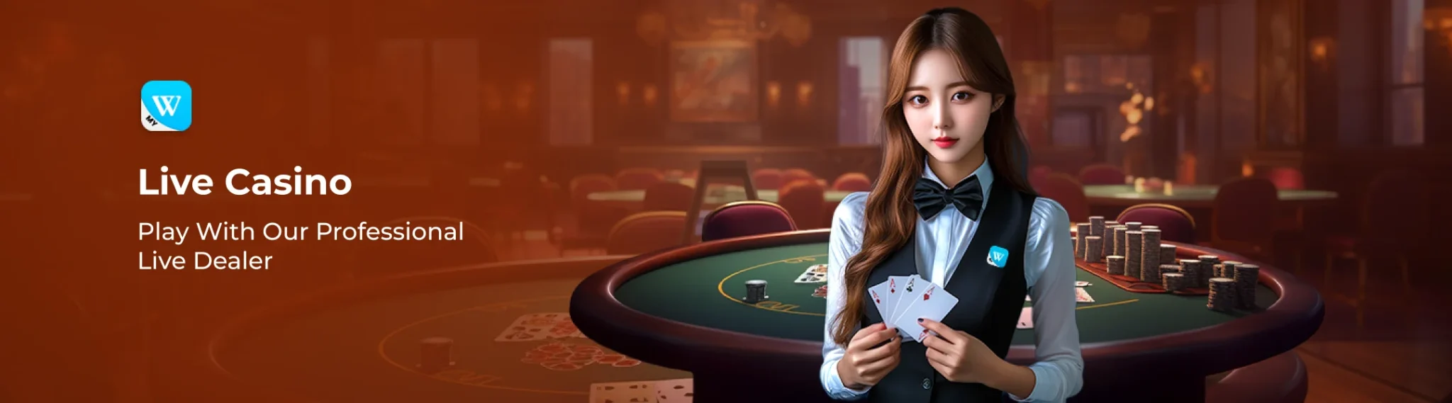 Winbox Live Casino banner featuring a professional live dealer and online casino table games