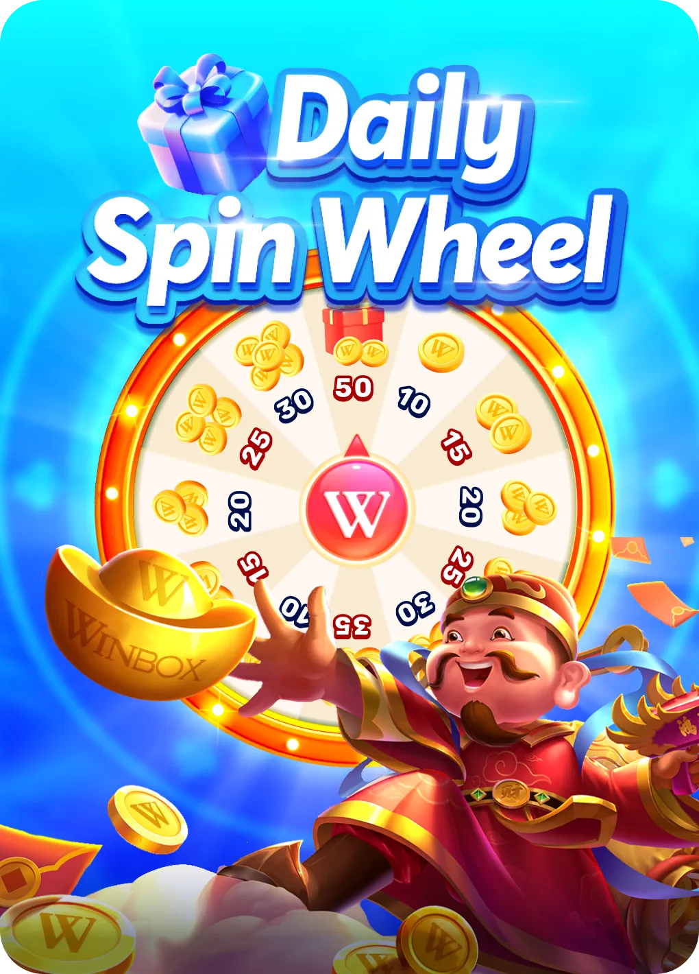 Winbox VIP Daily Spin Wheel offering daily spins, Winbox Coins, and promotional rewards for eligible members