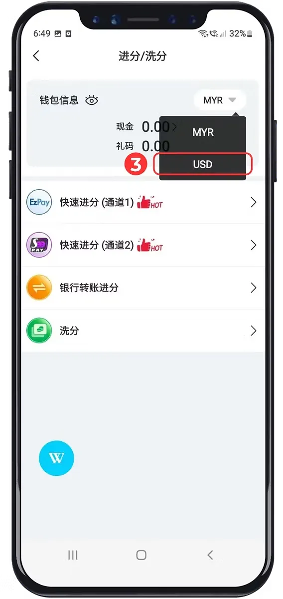 Winbox USDT Deposit Step 3 showing USD currency selection