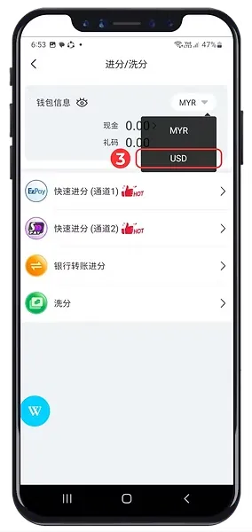 Winbox USDT Withdrawal Step 3 showing USD currency selection