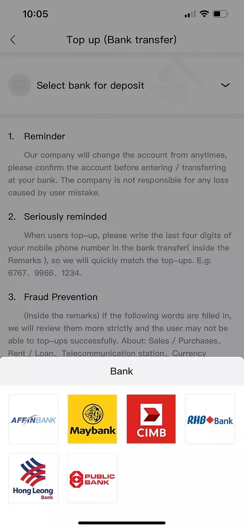 Winbox bank transfer Step 2 showing bank selection