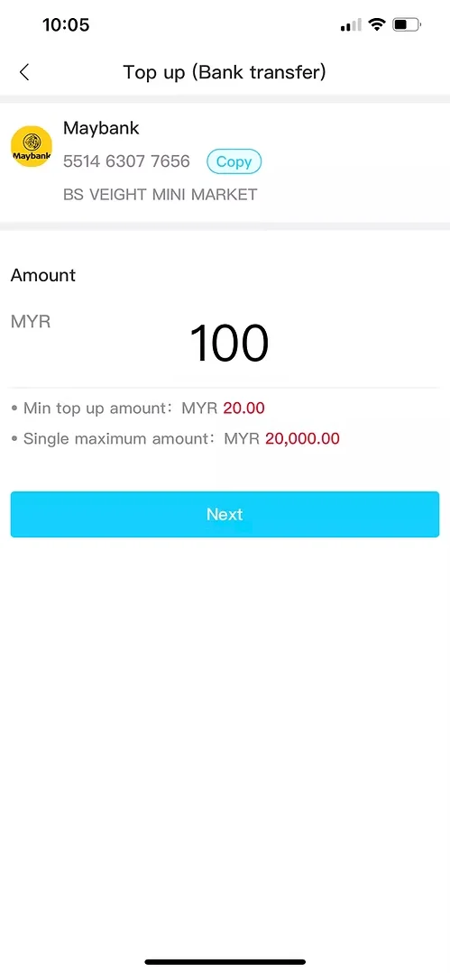 Winbox bank transfer Step 3 showing amount entry