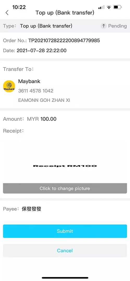 Winbox bank transfer Step 5 showing receipt upload and submit screen