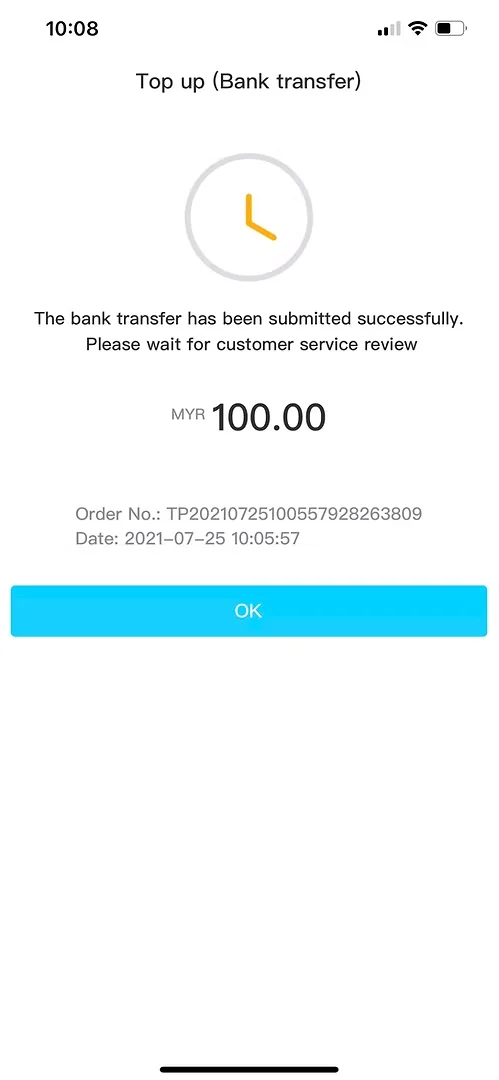 Winbox bank transfer Step 6 showing successful top-up submission