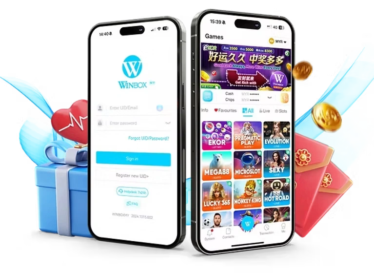 Winbox mobile app showing login and game interface