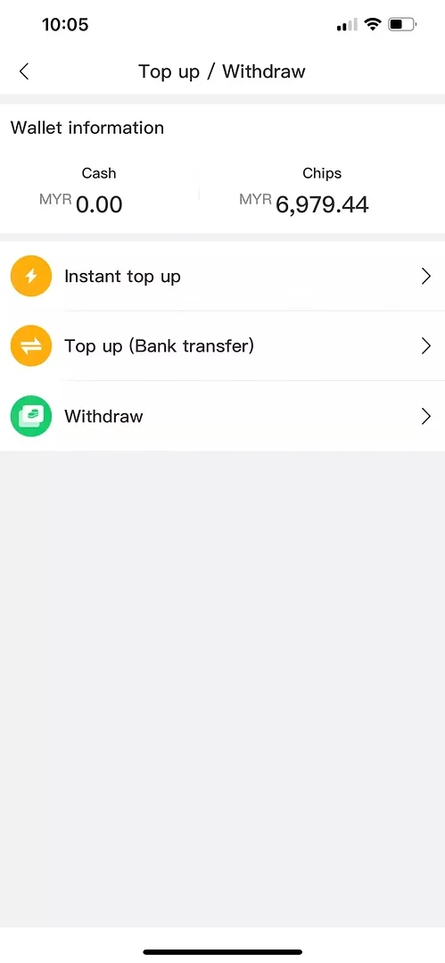 Winbox Instant Top Up Step 1 showing Instant top up option