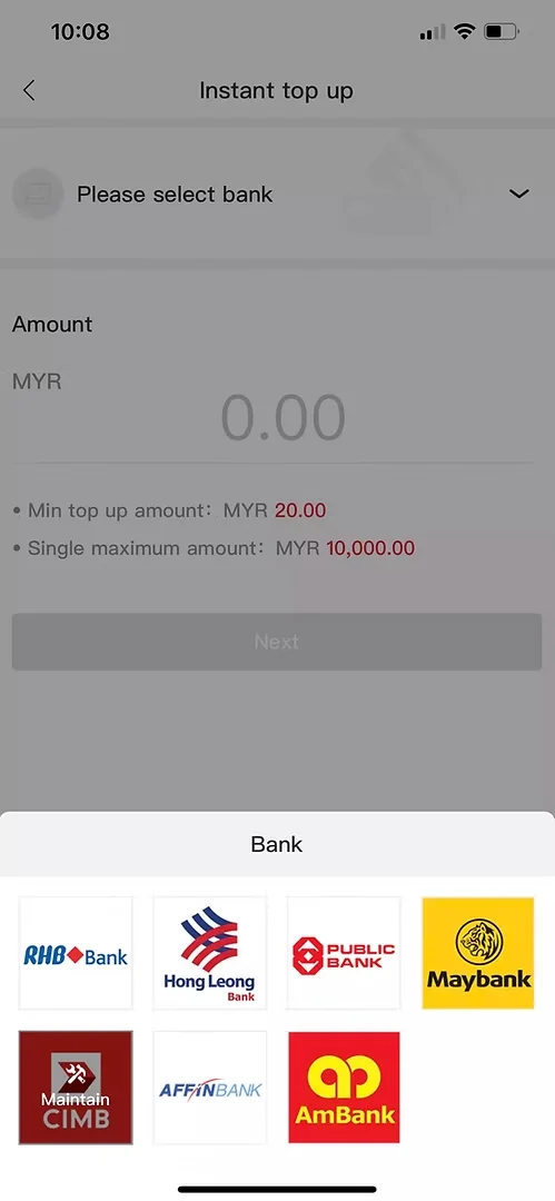 Winbox Instant Top Up Step 2 showing bank selection