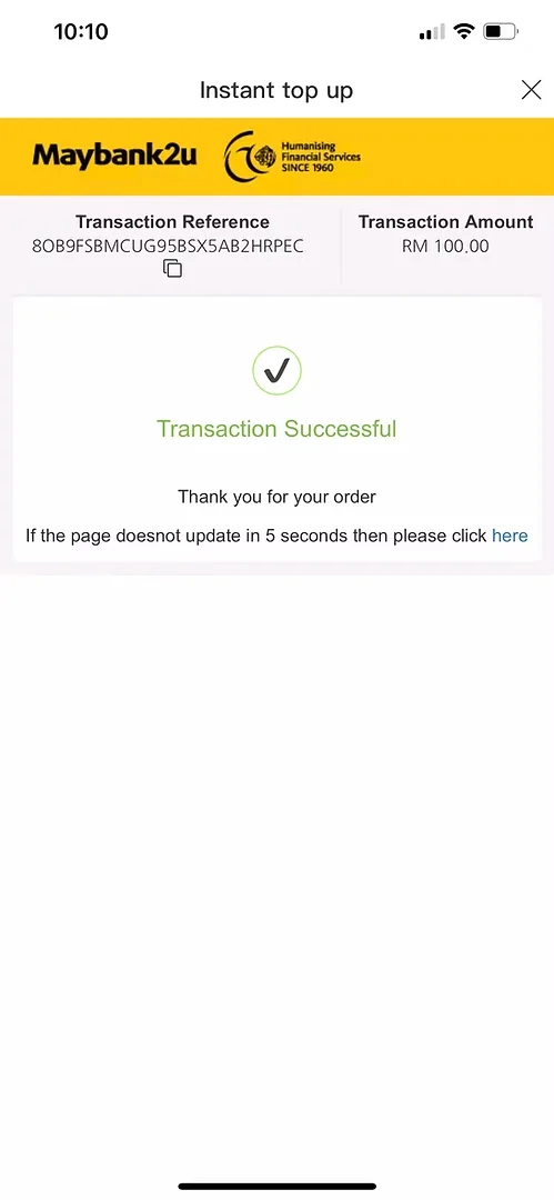 Winbox Instant Top Up Step 6 showing successful transaction confirmation